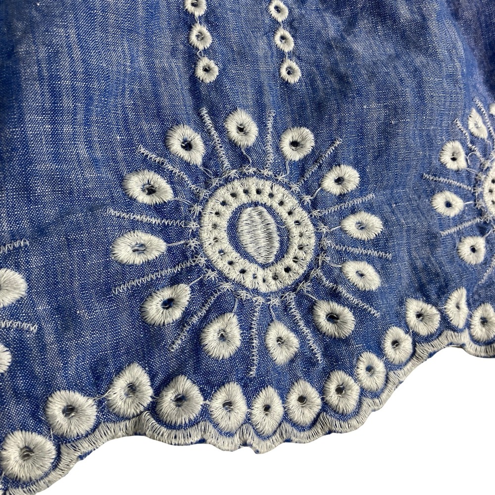 Talbots Blouse Womens 2X Blue Linen Cotton Eyelet Scallop Hem Tie Sleeve Coastal - Picture 5 of 12